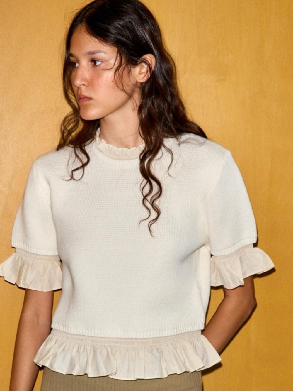 Zara Combined Knit Short Sleeve Jumper in ecru